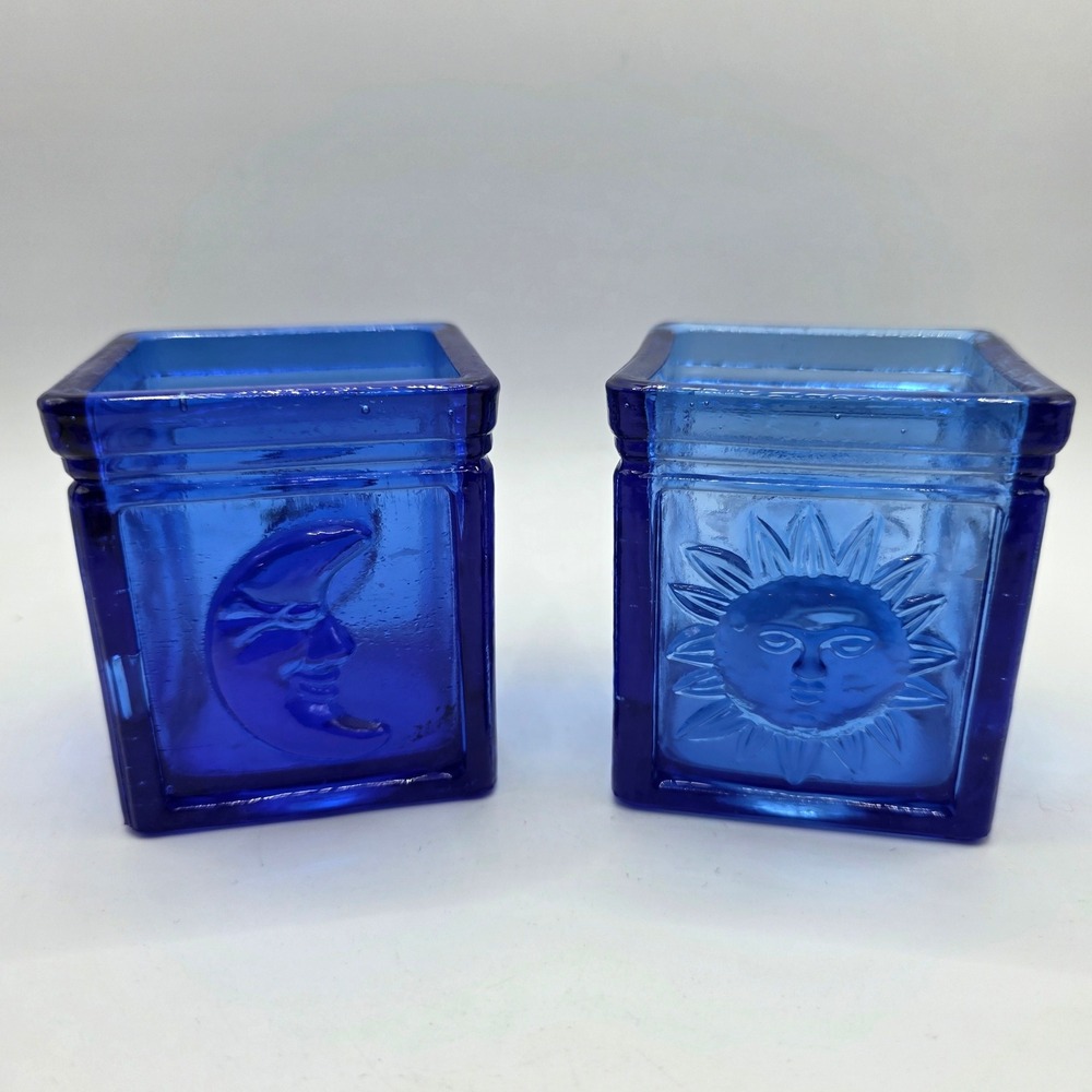 Vintage Cobalt Blue Glass Sun and Moon Votive Candle Holder Set Celestial Square